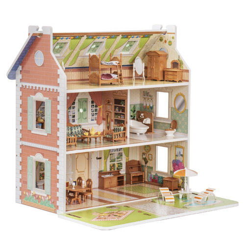 Vintage Wooden Dollhouse For Kids With Furniture Accessories For Birthday And Christmas %2CBrick Red 